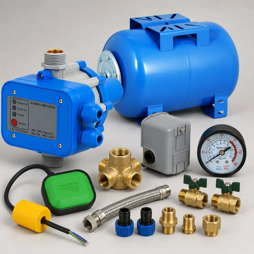 Water pump pressure controller and pump accessories
