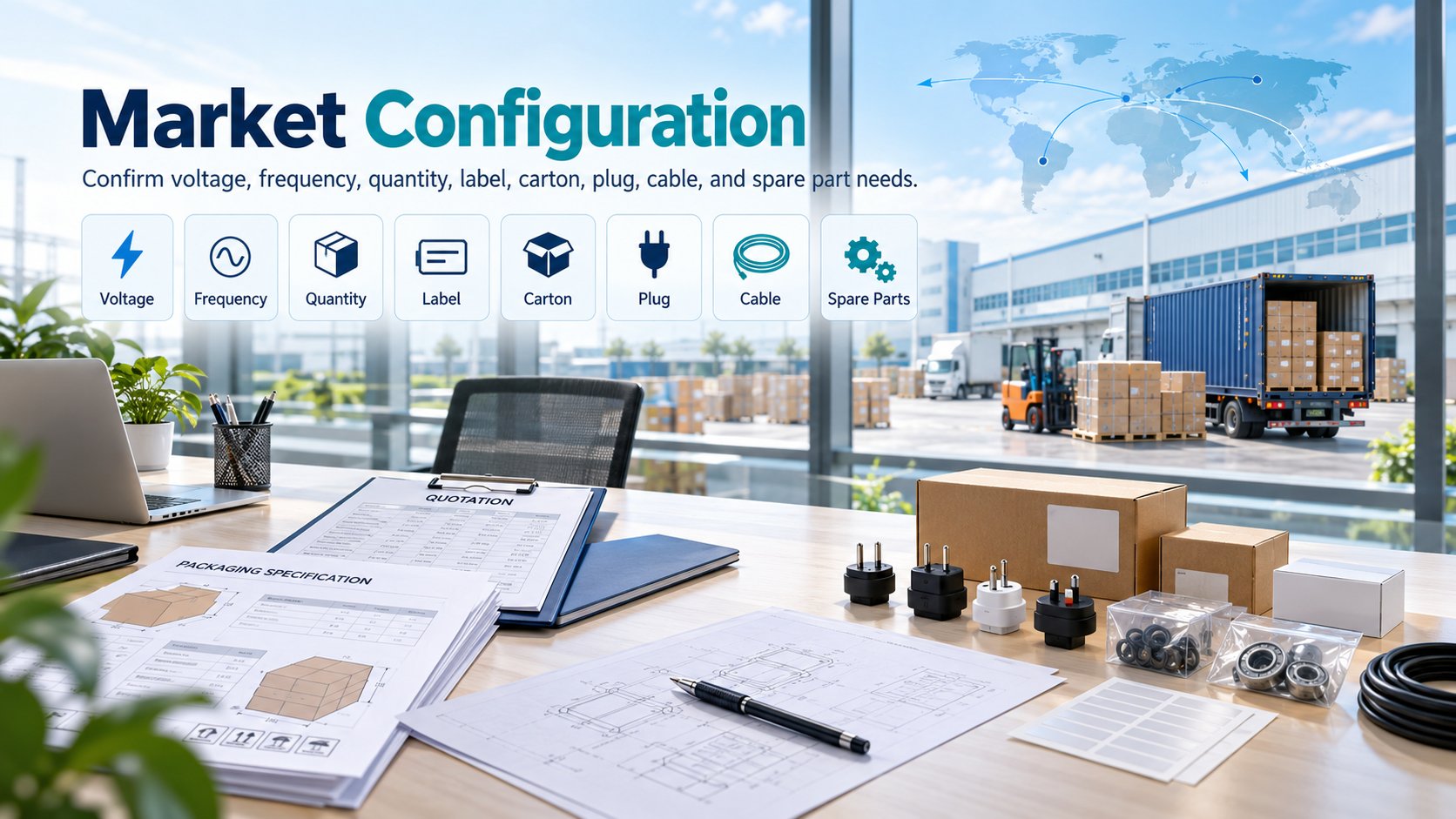Voltage, frequency, quantity, label, carton and plug configuration